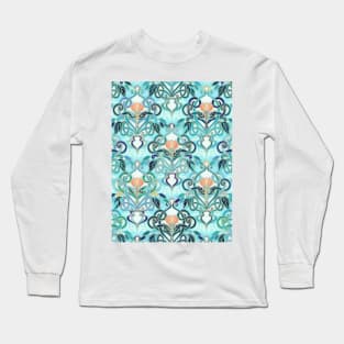 Ocean Aqua Art Nouveau Pattern with Peach Flowers Long Sleeve T-Shirt